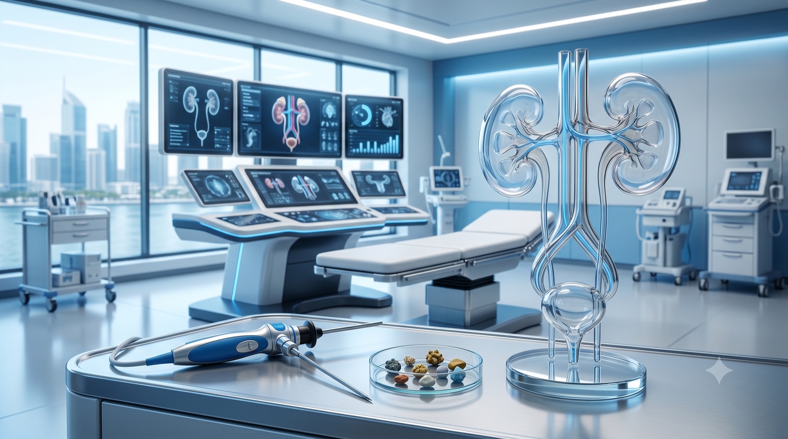 Modern urology suite with a glass model of the kidneys, ureters, and bladder